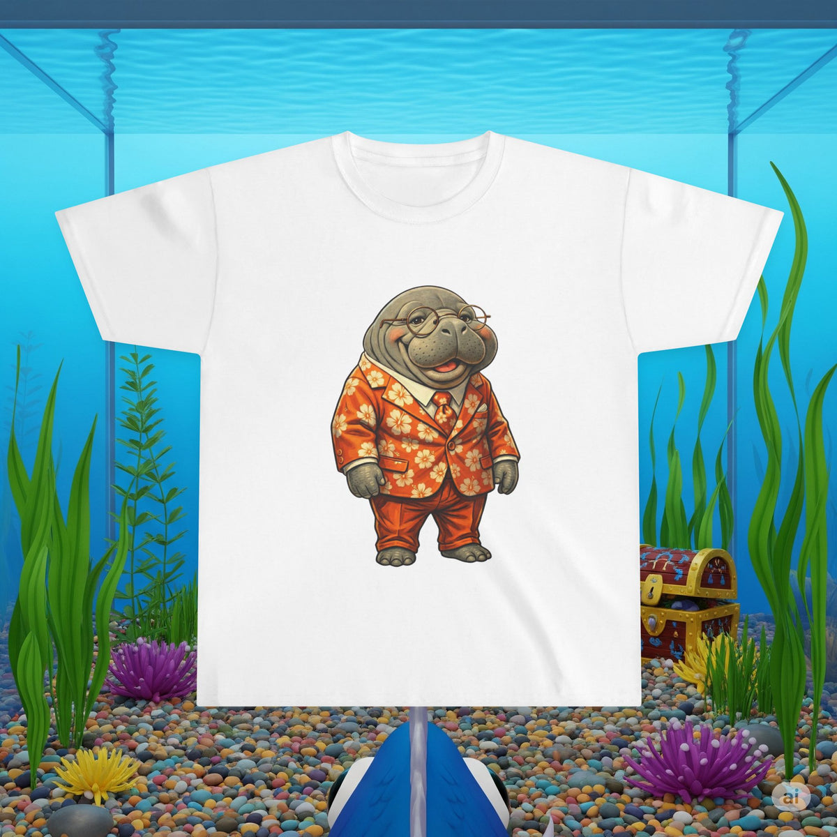 Funny Manatee in Orange Hawaiian Suit | Cute Florida Manatee Cartoon T-Shirt Design
