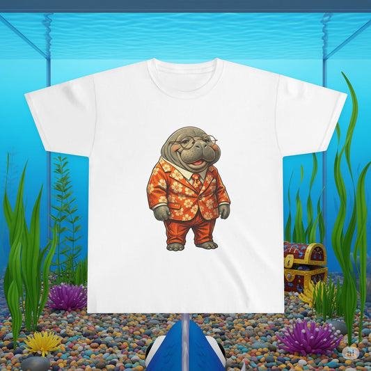 Funny Manatee in Orange Hawaiian Suit | Cute Florida Manatee Cartoon T-Shirt Design
