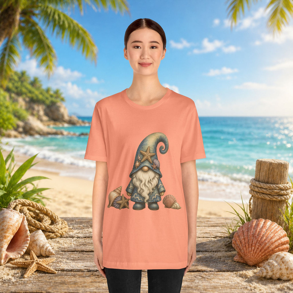 Beach Gnome with Seashells and Starfish | Coastal Nautical Fantasy Art