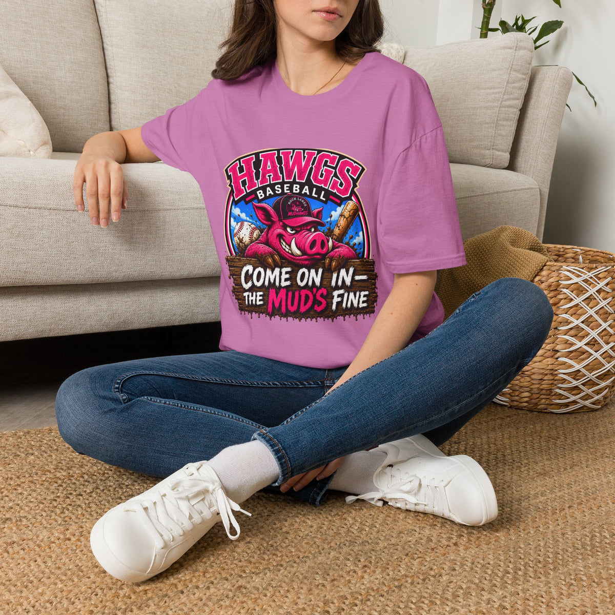 Rock Lakes Mud Hawgs Baseball Shirt | Come On In The Mud's Fine | Funny Pig Baseball Team Tee