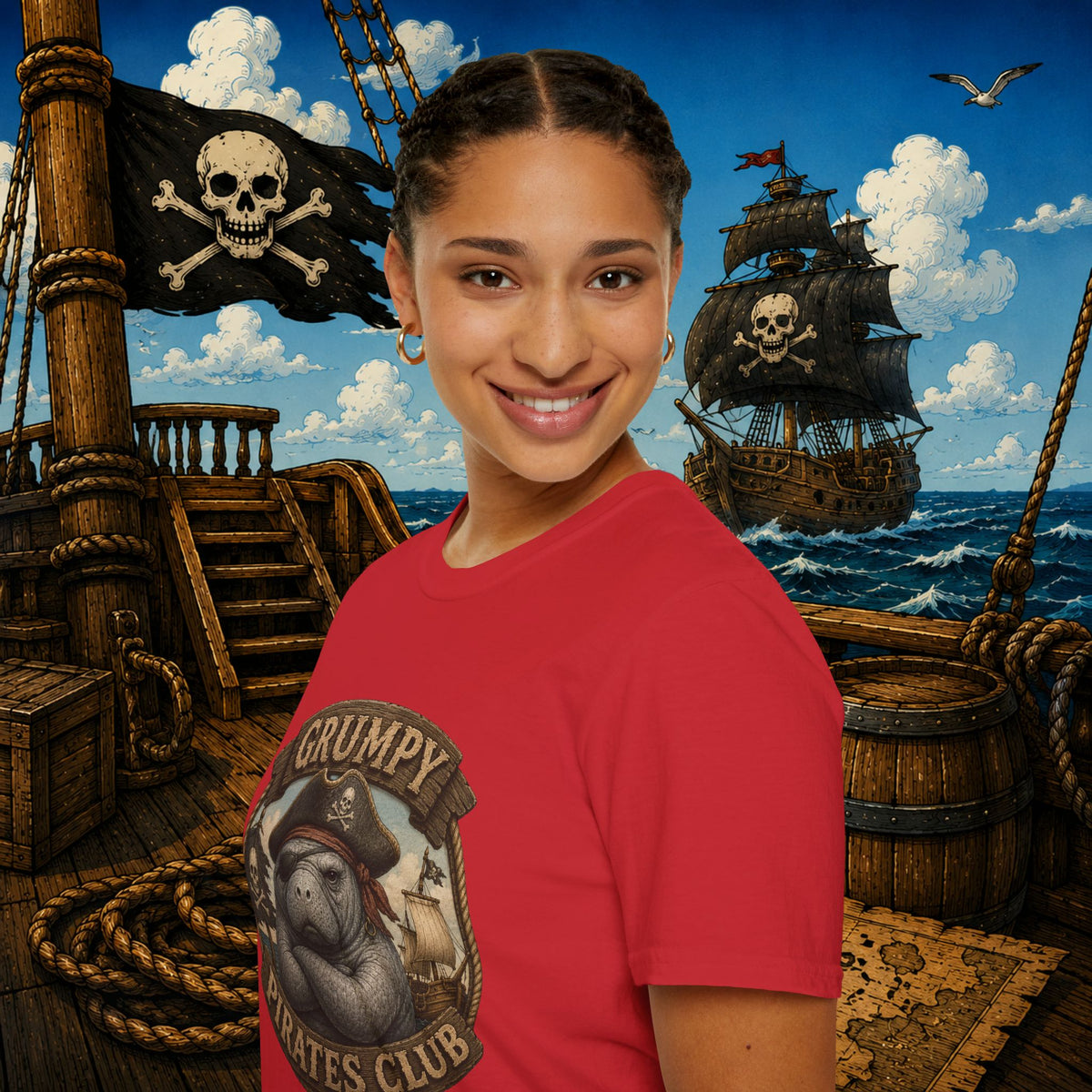 Grumpy Pirates Club Manatee T-Shirt | Funny Pirate Manatee Coastal Humor Tee