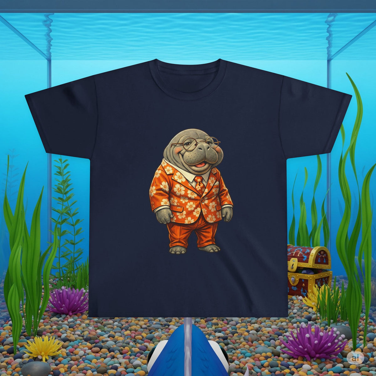 Funny Manatee in Orange Hawaiian Suit | Cute Florida Manatee Cartoon T-Shirt Design