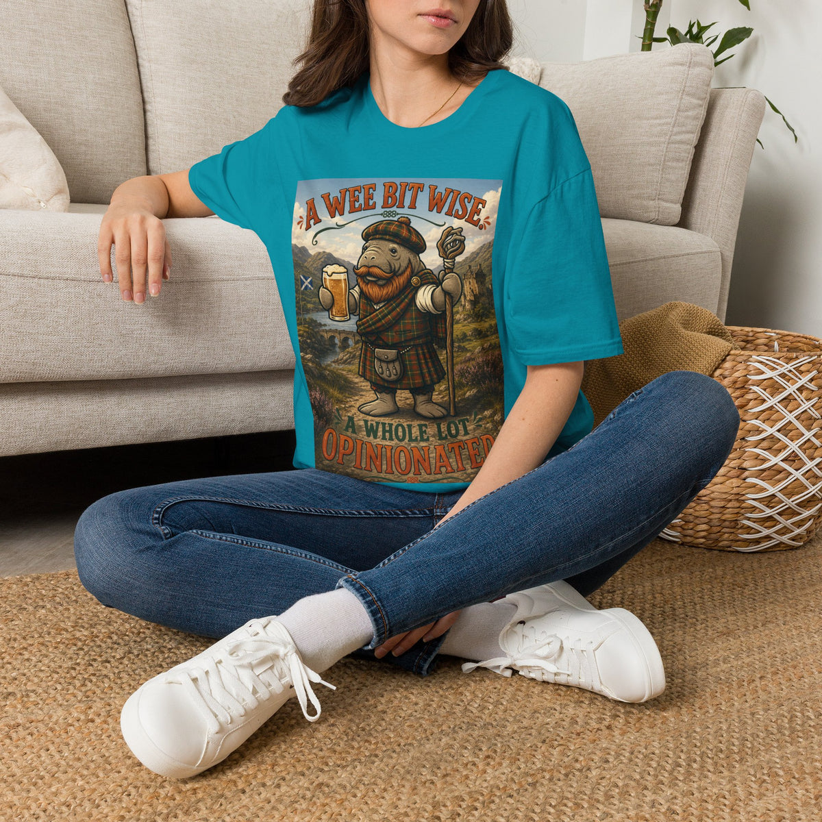 A Wee Bit Wise A Whole Lot Opinionated Shirt | Funny Scottish Manatee Tee | Highland Humor Graphic T-Shirt
