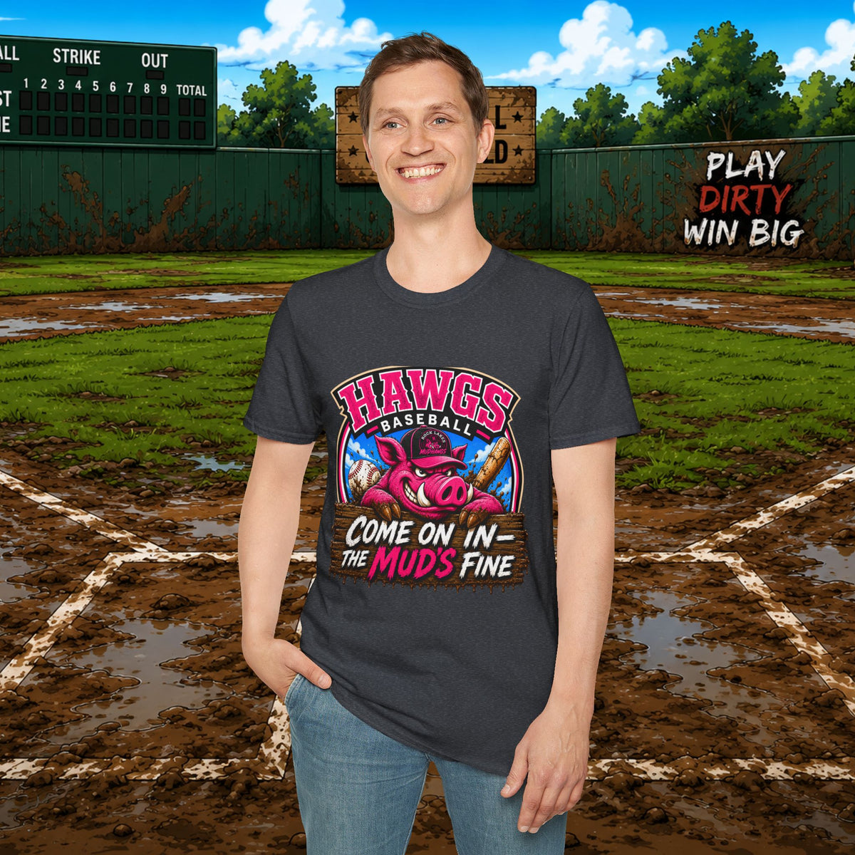 Rock Lakes Mud Hawgs Baseball Shirt | Come On In The Mud's Fine | Funny Pig Baseball Team Tee
