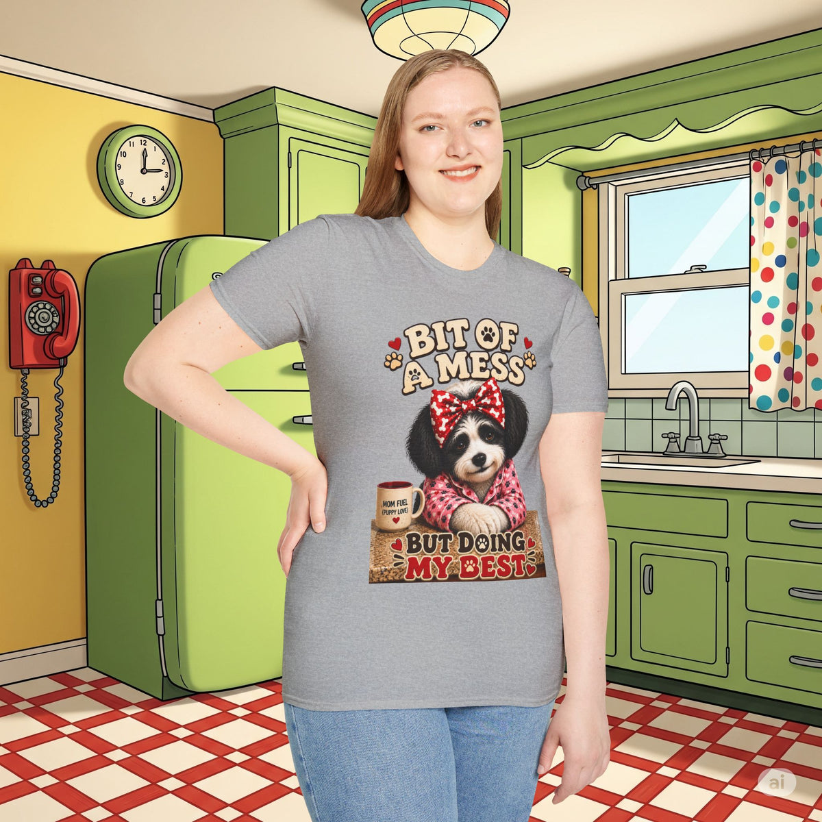 Bit of a Mess But Doing My Best Funny Dog Mom Shirt | Cute Puppy Pajamas Coffee Lover Graphic Tee No Background