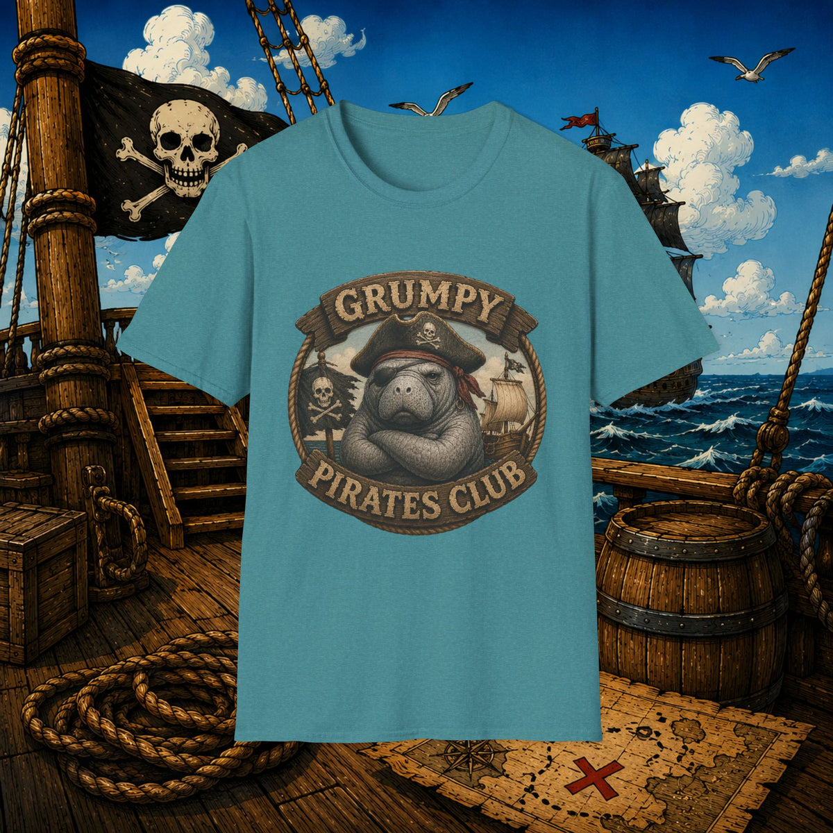 Grumpy Pirates Club Manatee T-Shirt | Funny Pirate Manatee Coastal Humor Tee