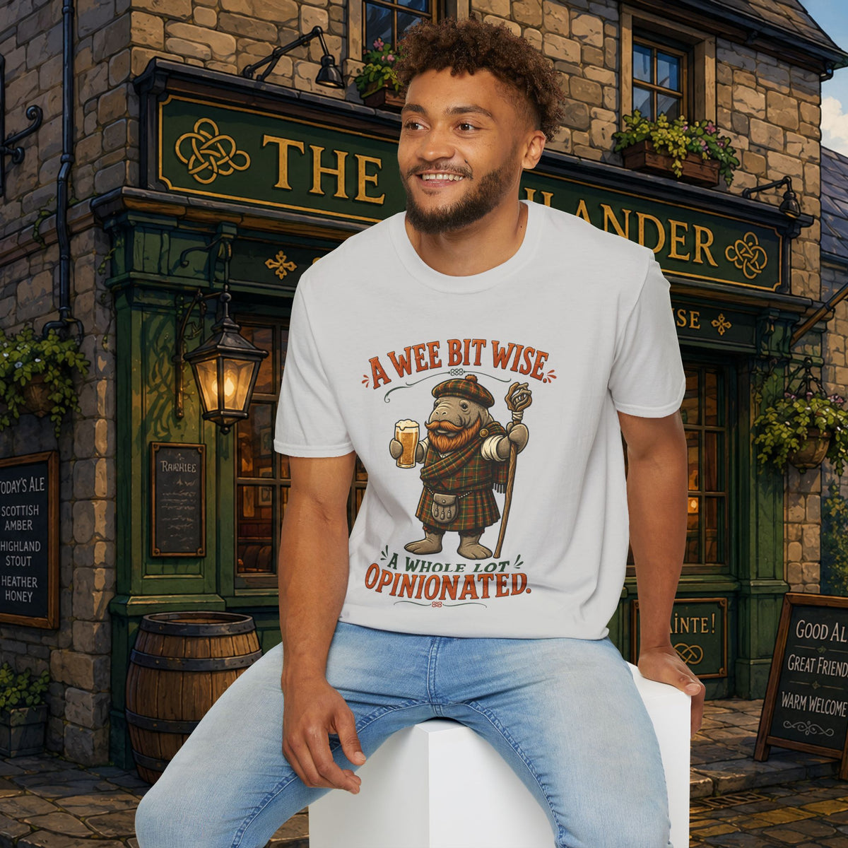 A Wee Bit Wise A Whole Lot Opinionated Shirt | Funny Scottish Manatee Tee | Highland Humor Graphic T-Shirt