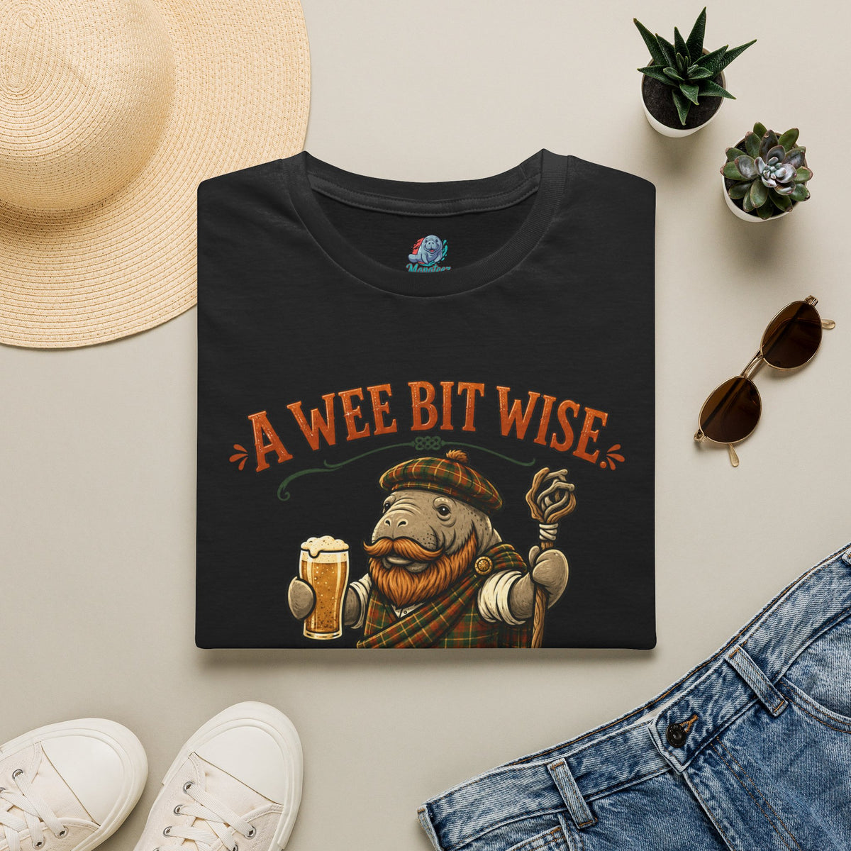A Wee Bit Wise A Whole Lot Opinionated Shirt | Funny Scottish Manatee Tee | Highland Humor Graphic T-Shirt
