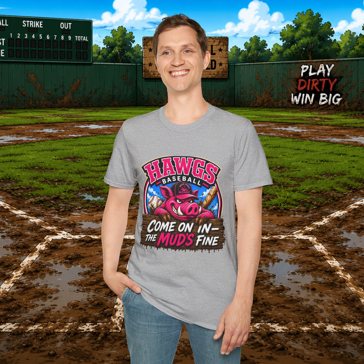 Rock Lakes Mud Hawgs Baseball Shirt | Come On In The Mud's Fine | Funny Pig Baseball Team Tee
