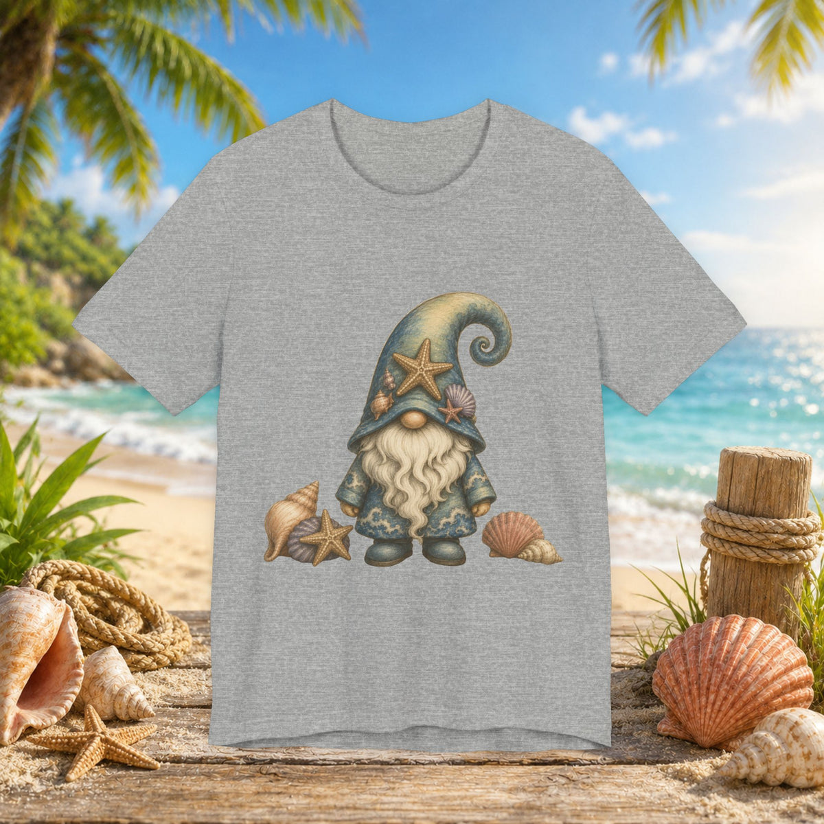Beach Gnome with Seashells and Starfish | Coastal Nautical Fantasy Art