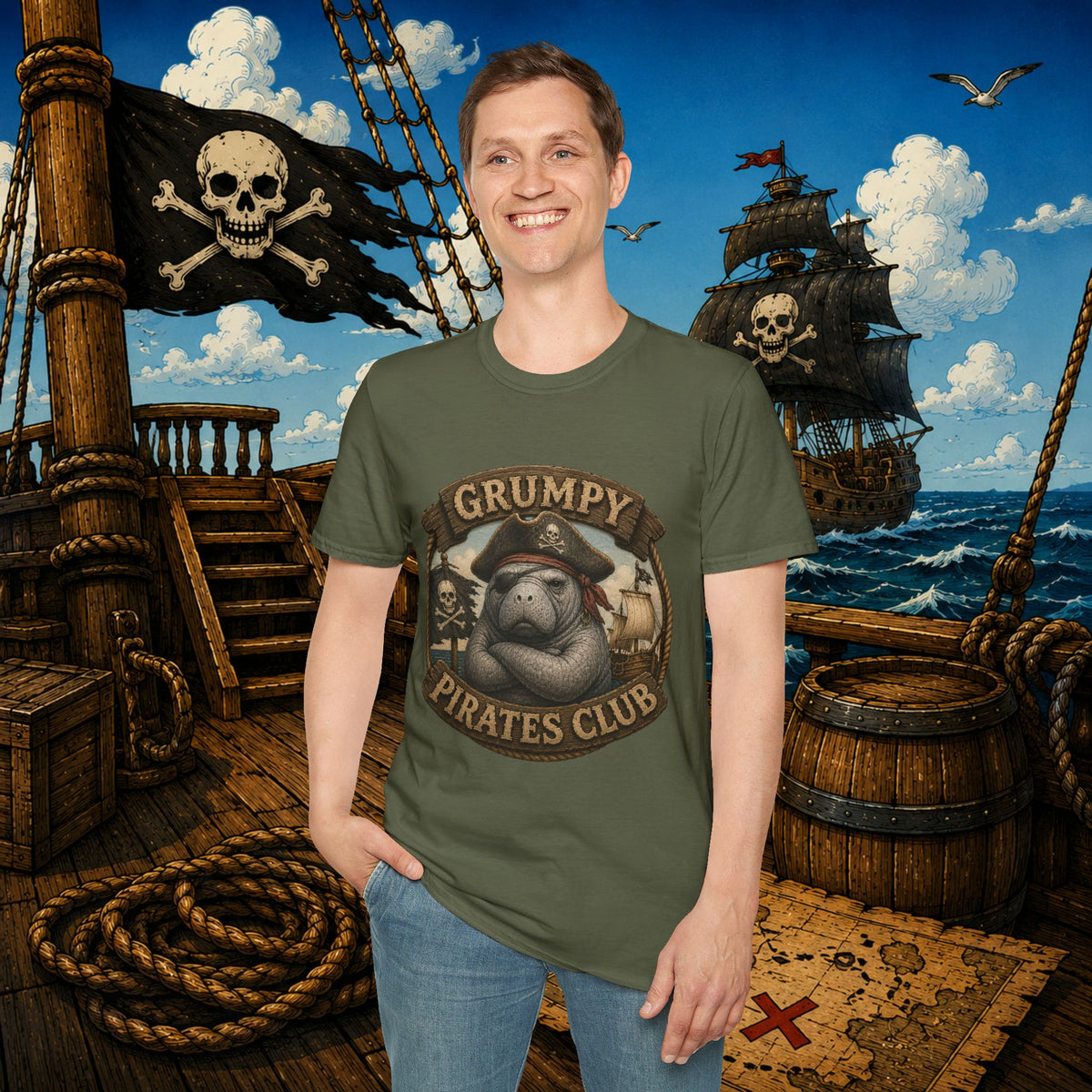 Grumpy Pirates Club Manatee T-Shirt | Funny Pirate Manatee Coastal Humor Tee