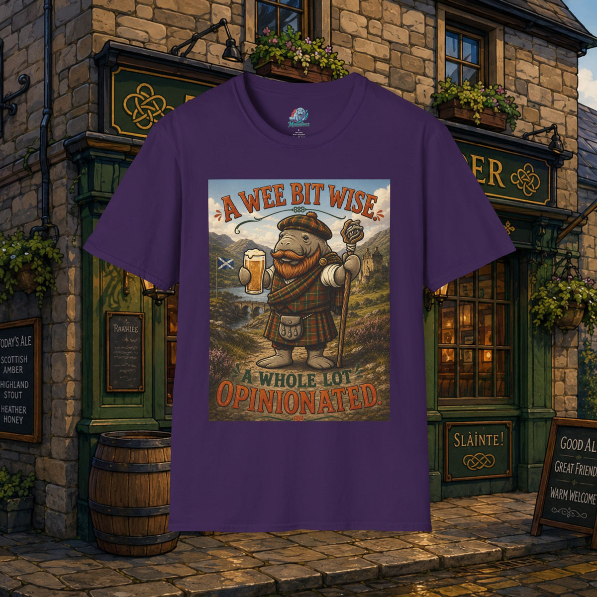 A Wee Bit Wise A Whole Lot Opinionated Shirt | Funny Scottish Manatee Tee | Highland Humor Graphic T-Shirt