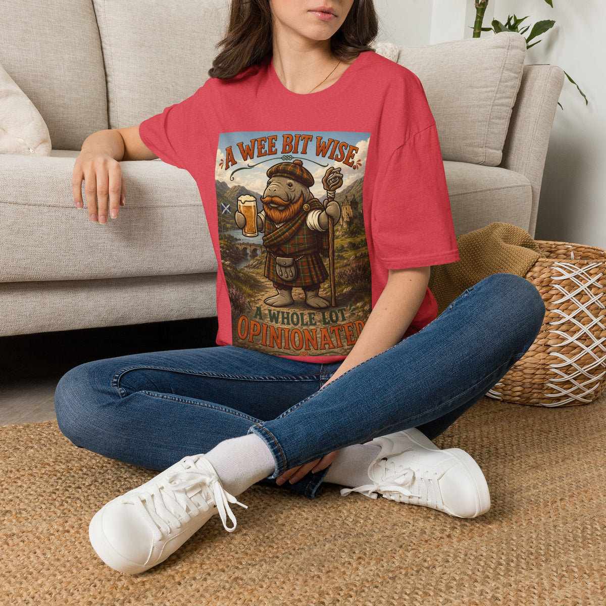 A Wee Bit Wise A Whole Lot Opinionated Shirt | Funny Scottish Manatee Tee | Highland Humor Graphic T-Shirt