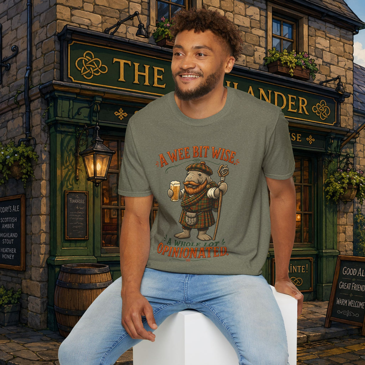 A Wee Bit Wise A Whole Lot Opinionated Shirt | Funny Scottish Manatee Tee | Highland Humor Graphic T-Shirt