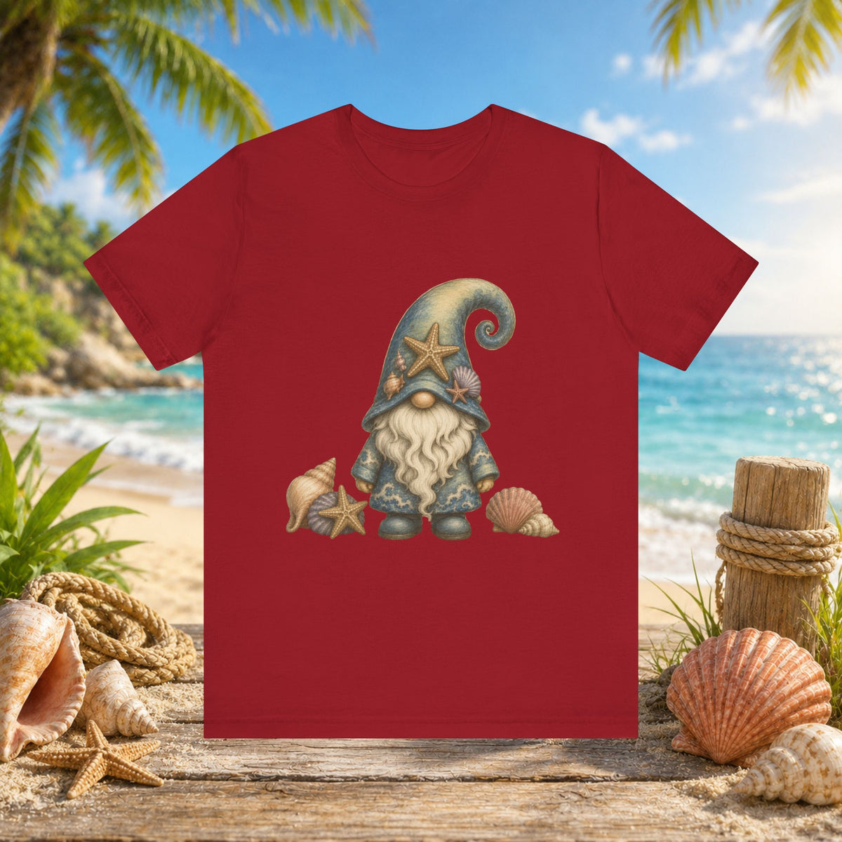 Beach Gnome with Seashells and Starfish | Coastal Nautical Fantasy Art