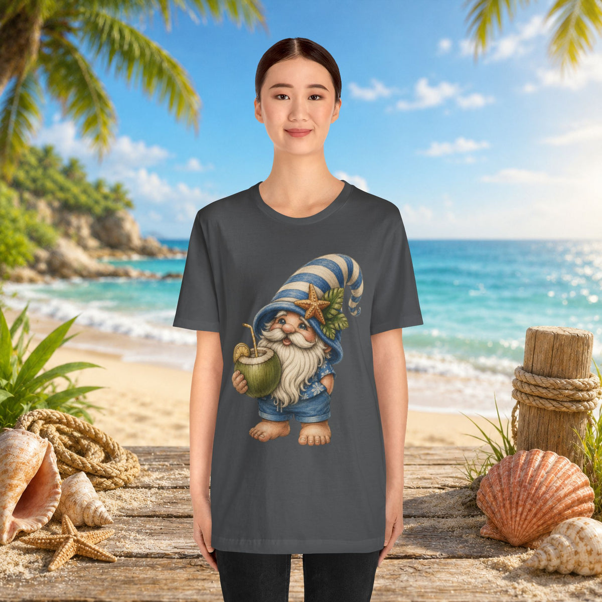 Beach Gnome Drinking Coconut | Coastal Summer Gnome Illustration