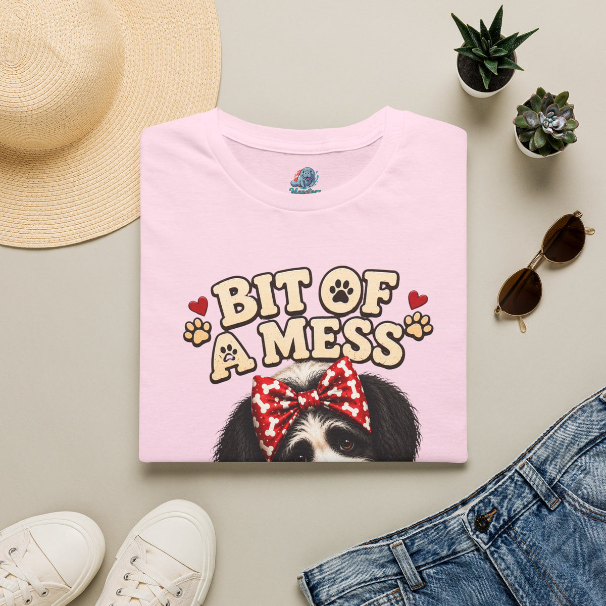 Bit of a Mess But Doing My Best Funny Dog Mom Shirt | Cute Puppy Pajamas Coffee Lover Graphic Tee No Background