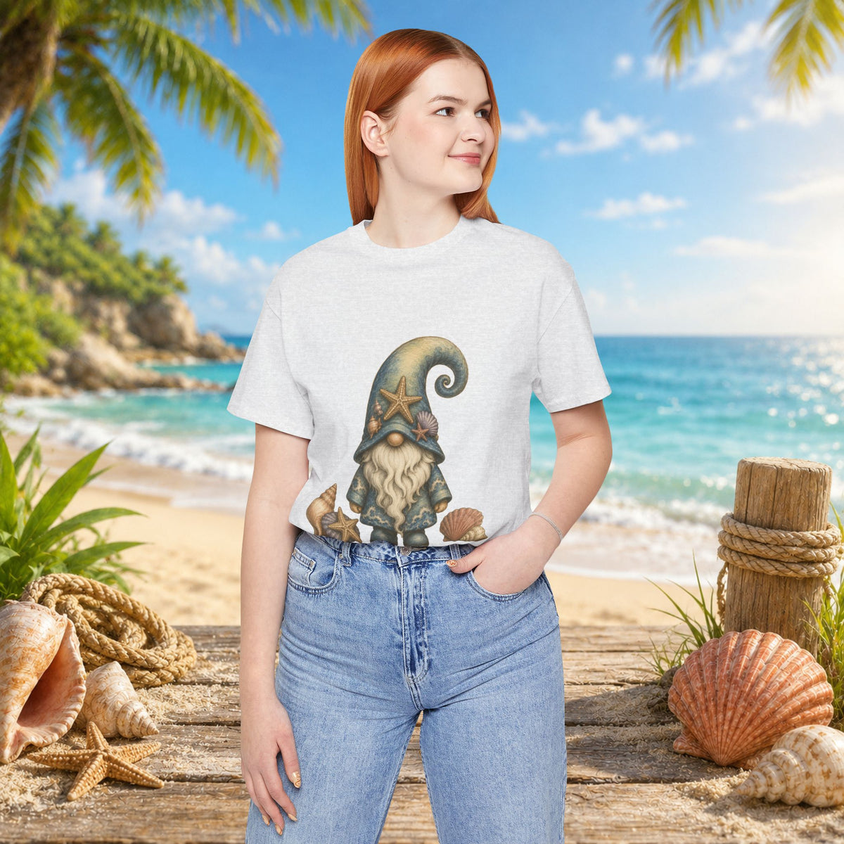 Beach Gnome with Seashells and Starfish | Coastal Nautical Fantasy Art