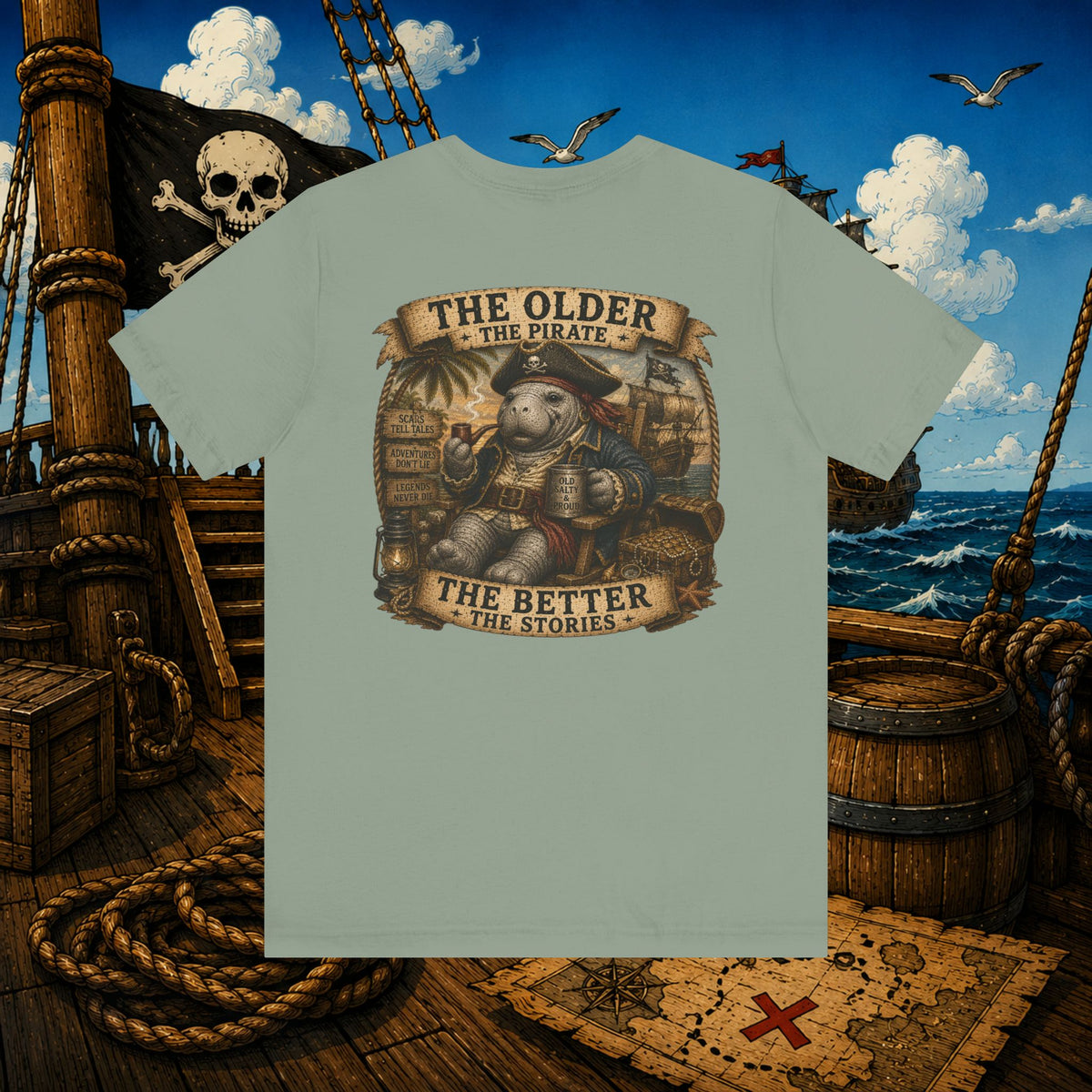 The Older the Pirate, The Better the Stories | Grumpy Pirate Club Manatee T-Shirt