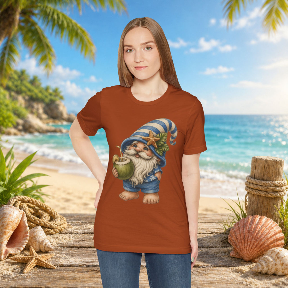 Beach Gnome Drinking Coconut | Coastal Summer Gnome Illustration