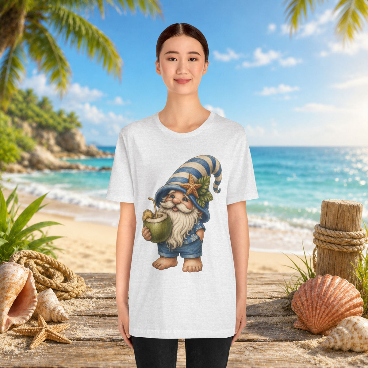 Beach Gnome Drinking Coconut | Coastal Summer Gnome Illustration