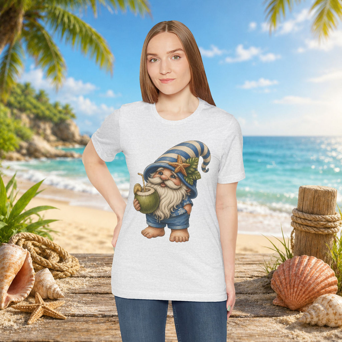 Beach Gnome Drinking Coconut | Coastal Summer Gnome Illustration