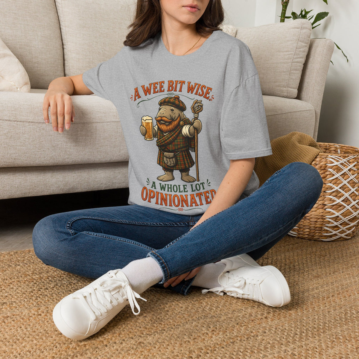 A Wee Bit Wise A Whole Lot Opinionated Shirt | Funny Scottish Manatee Tee | Highland Humor Graphic T-Shirt