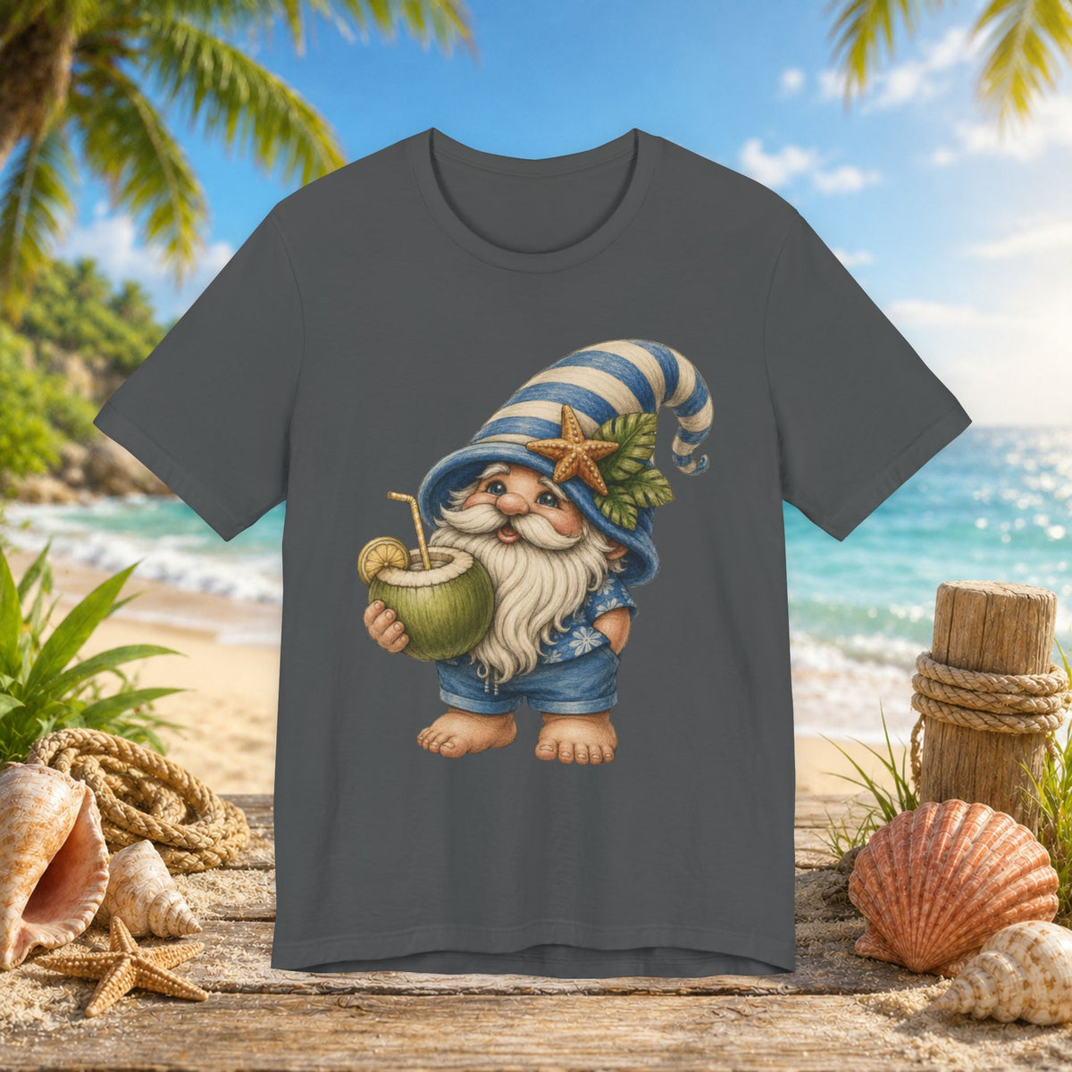 Beach Gnome Drinking Coconut | Coastal Summer Gnome Illustration