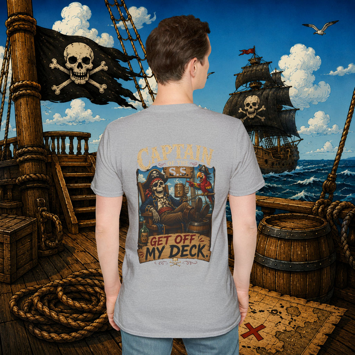 Captain of the S.S. Get Off My Deck Pirate Skeleton Shirt – Funny Grumpy Pirate Graphic Tee