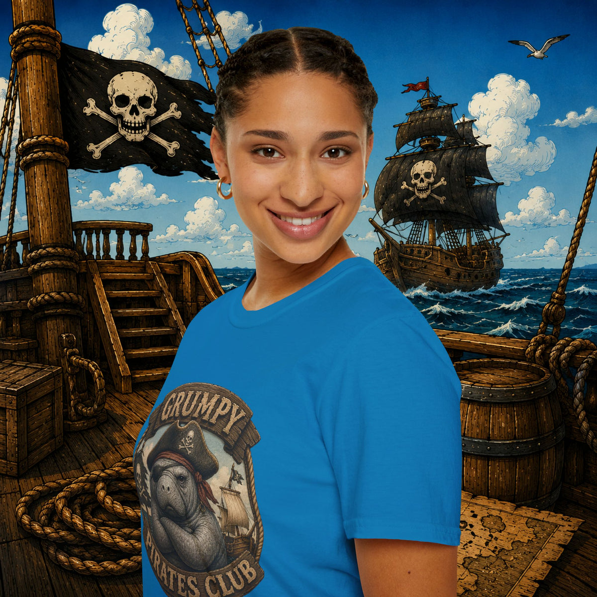 Grumpy Pirates Club Manatee T-Shirt | Funny Pirate Manatee Coastal Humor Tee