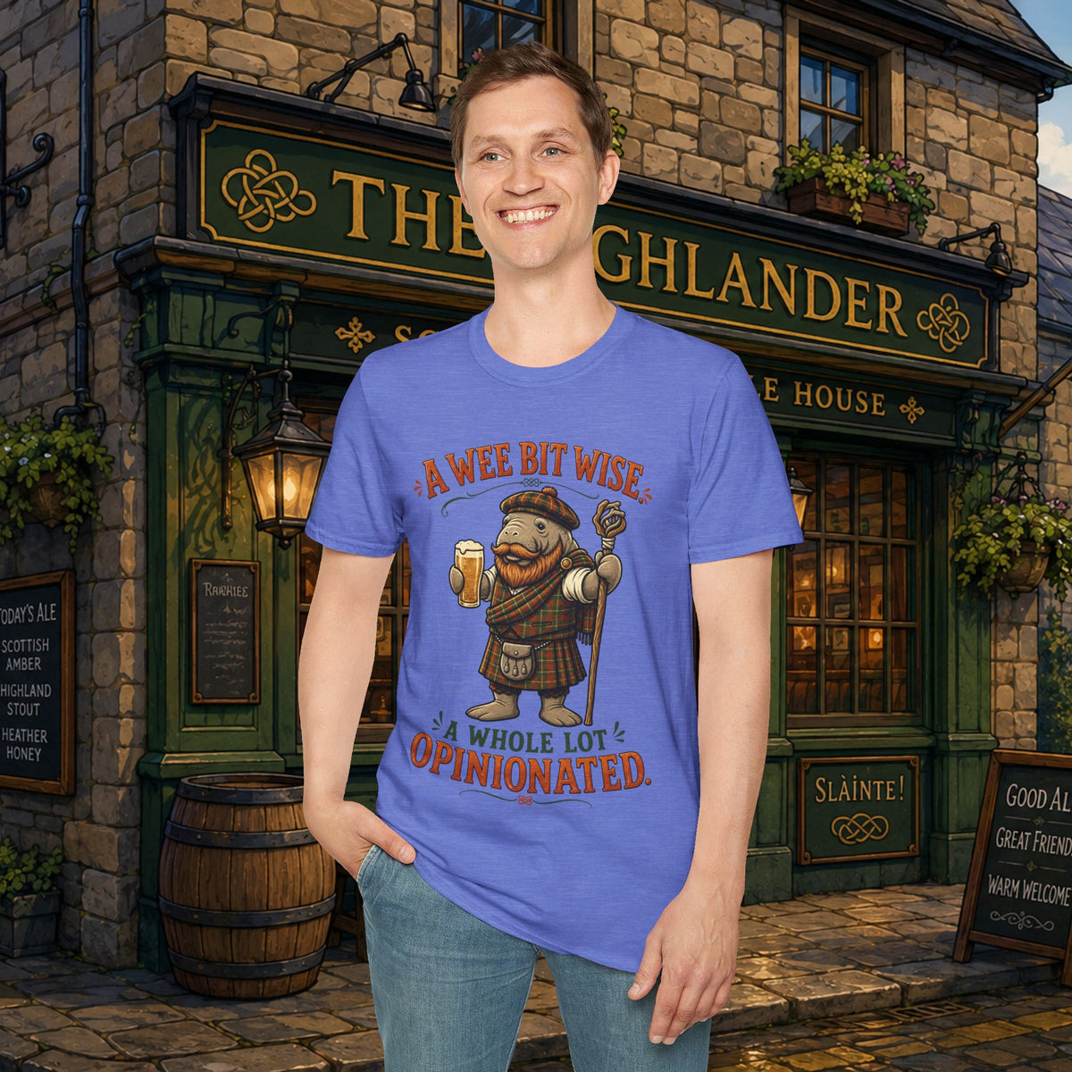 A Wee Bit Wise A Whole Lot Opinionated Shirt | Funny Scottish Manatee Tee | Highland Humor Graphic T-Shirt