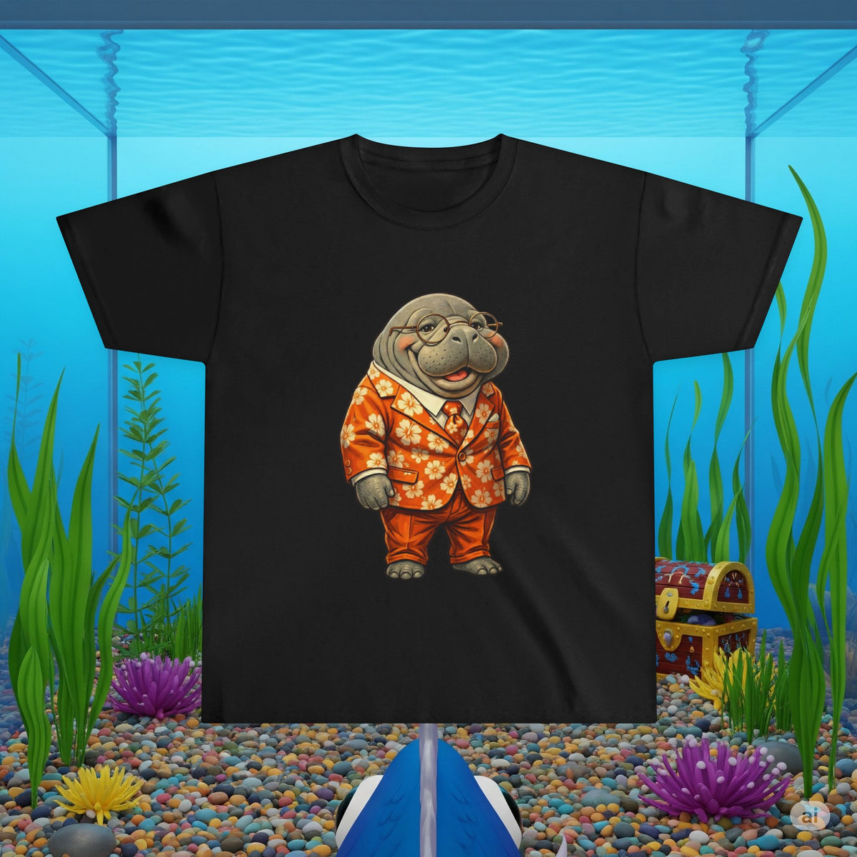 Funny Manatee in Orange Hawaiian Suit | Cute Florida Manatee Cartoon T-Shirt Design