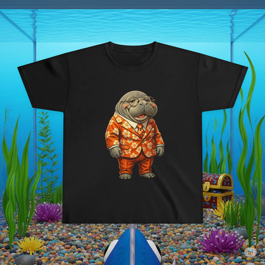 Funny Manatee in Orange Hawaiian Suit | Cute Florida Manatee Cartoon T-Shirt Design
