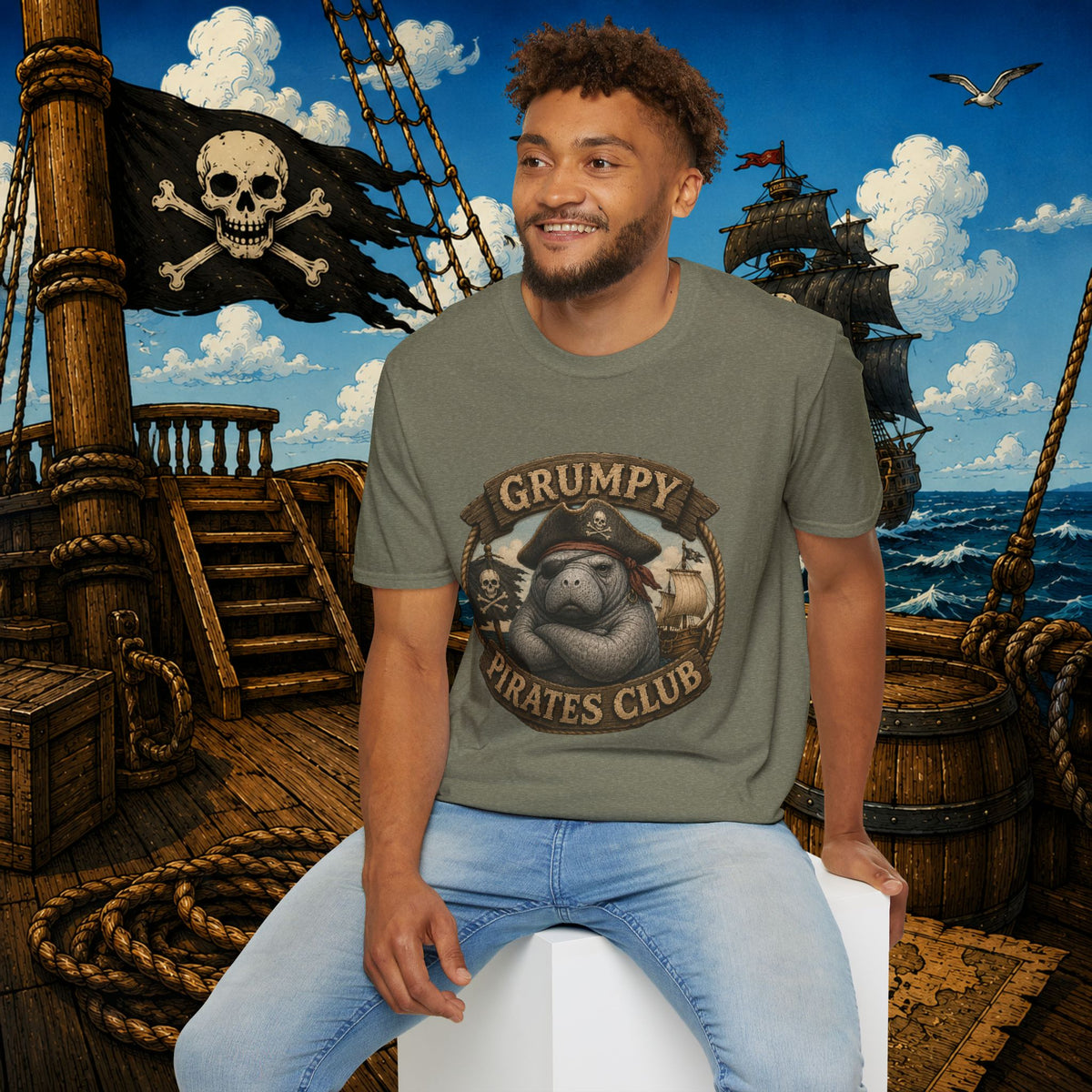 Grumpy Pirates Club Manatee T-Shirt | Funny Pirate Manatee Coastal Humor Tee