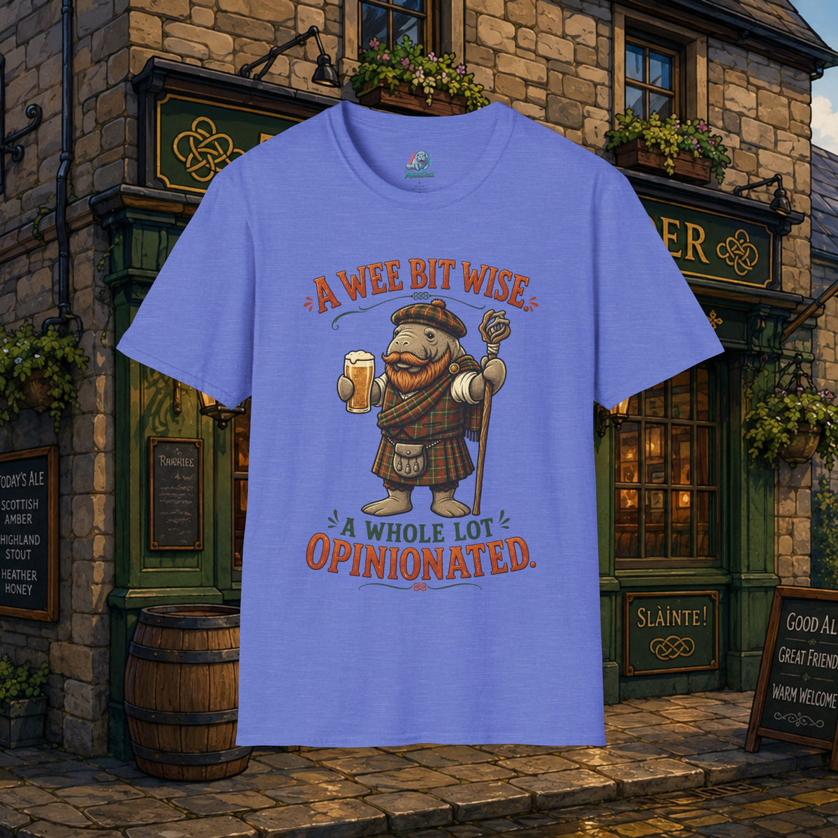 A Wee Bit Wise A Whole Lot Opinionated Shirt | Funny Scottish Manatee Tee | Highland Humor Graphic T-Shirt