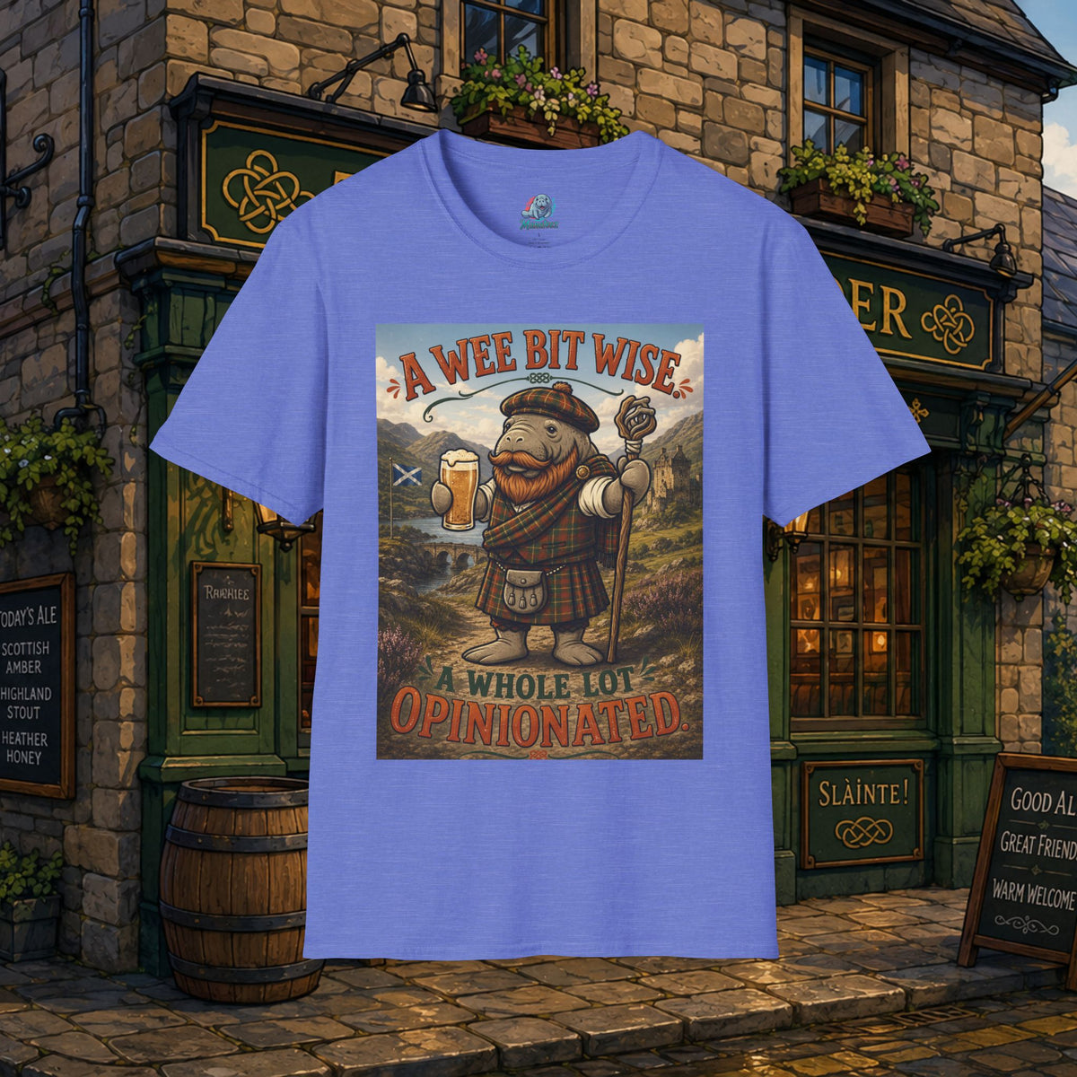 A Wee Bit Wise A Whole Lot Opinionated Shirt | Funny Scottish Manatee Tee | Highland Humor Graphic T-Shirt