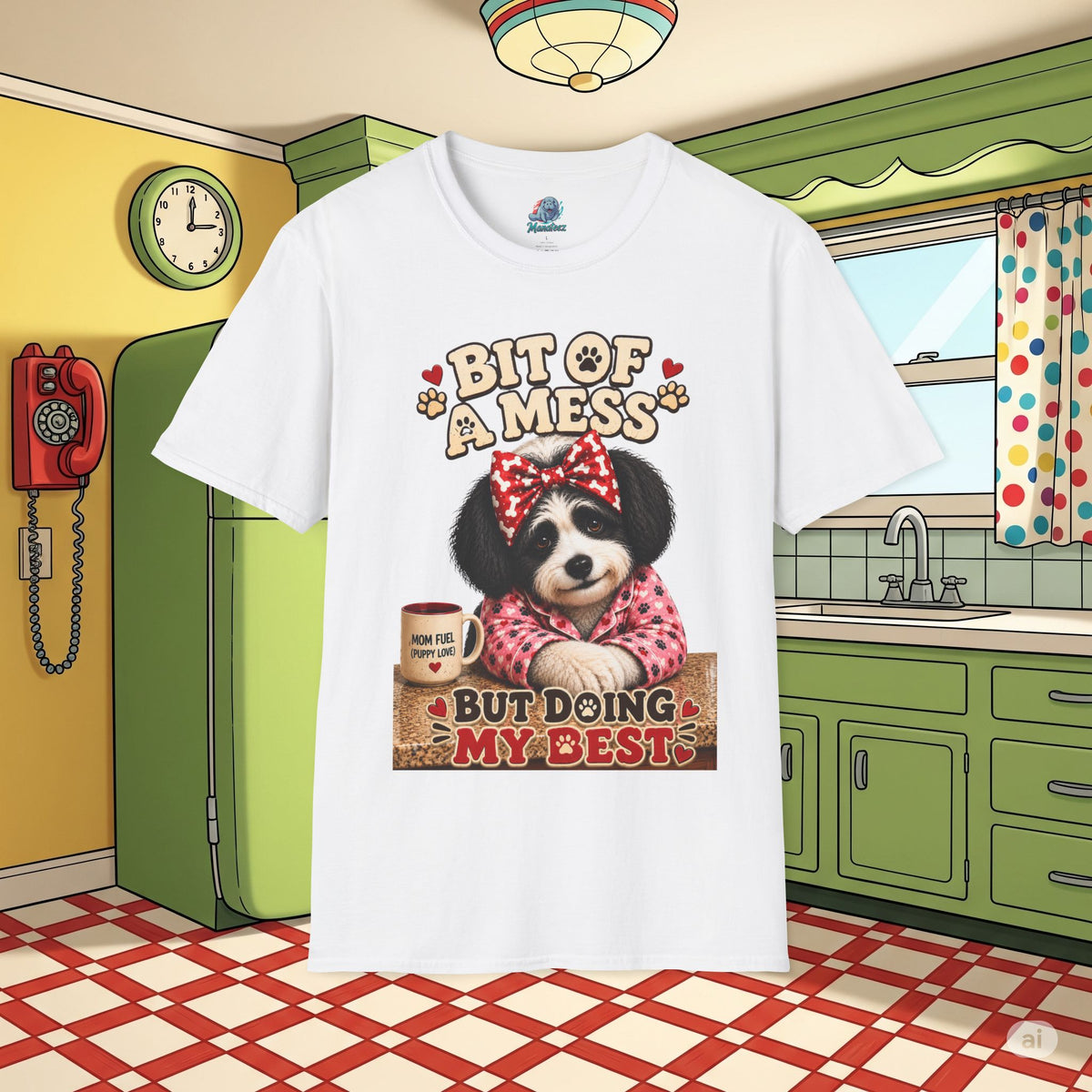 Bit of a Mess But Doing My Best Funny Dog Mom Shirt | Cute Puppy Pajamas Coffee Lover Graphic Tee No Background