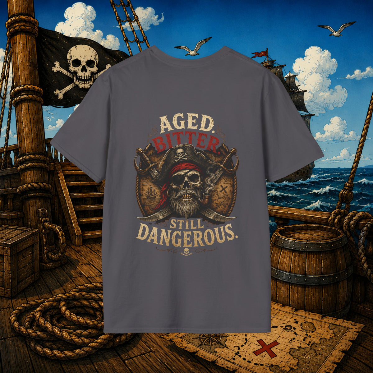 Aged Bitter Still Dangerous Pirate Skull Shirt – Funny Old Pirate Graphic Tee