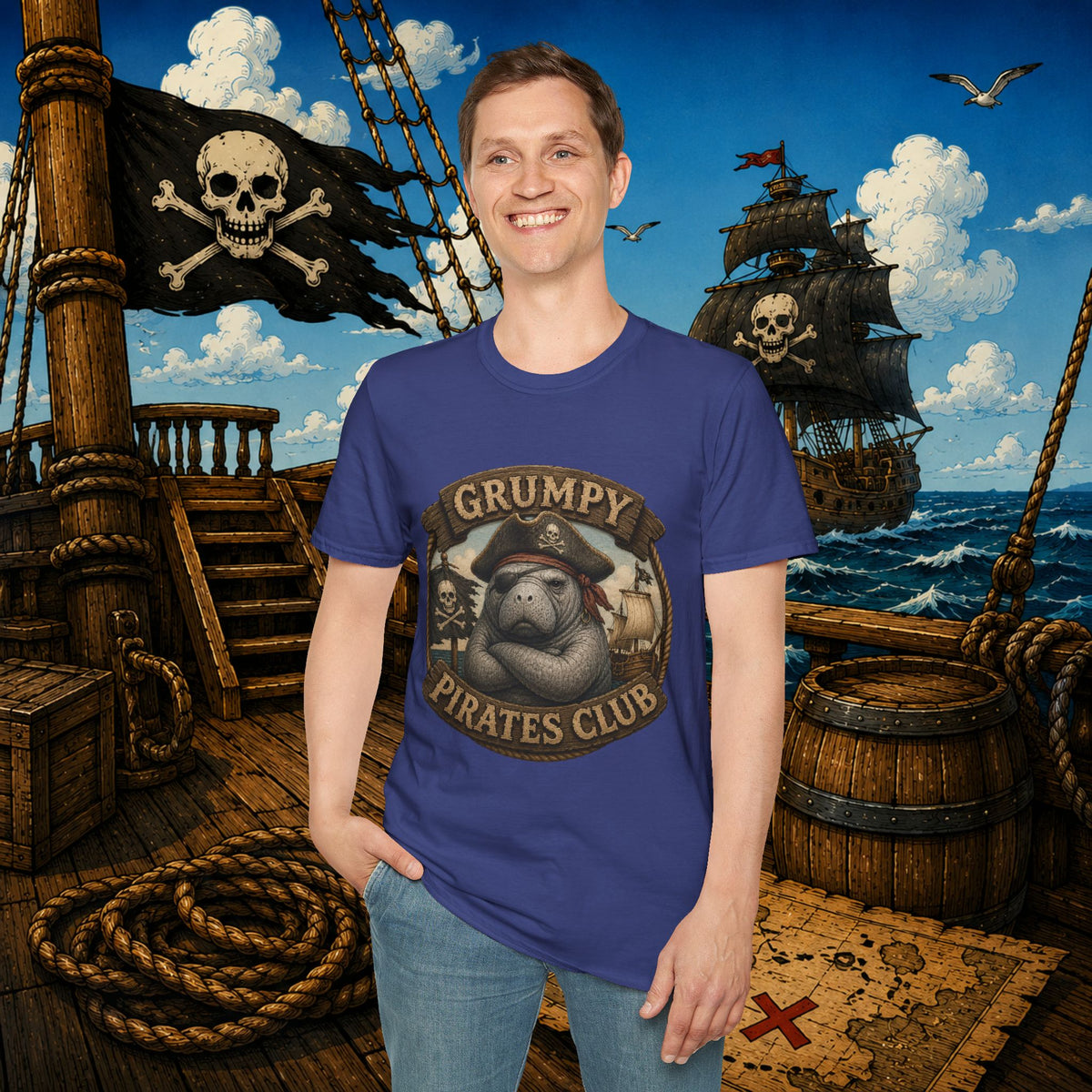 Grumpy Pirates Club Manatee T-Shirt | Funny Pirate Manatee Coastal Humor Tee