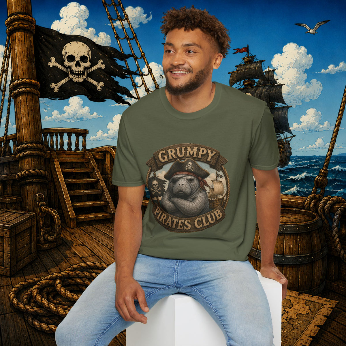 Grumpy Pirates Club Manatee T-Shirt | Funny Pirate Manatee Coastal Humor Tee