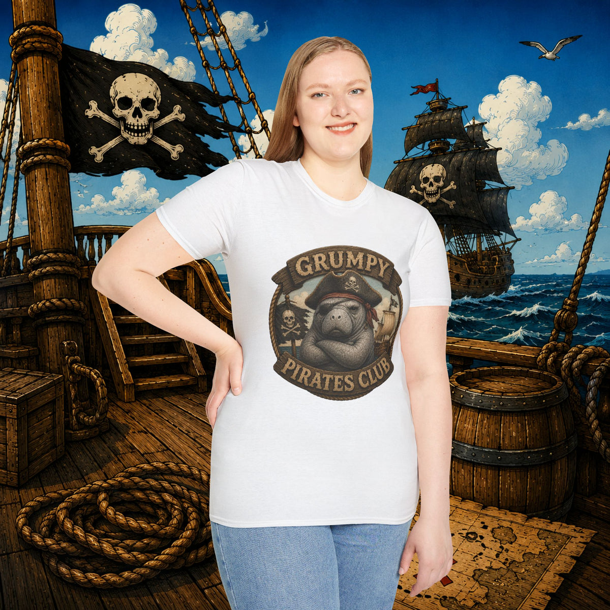 Grumpy Pirates Club Manatee T-Shirt | Funny Pirate Manatee Coastal Humor Tee