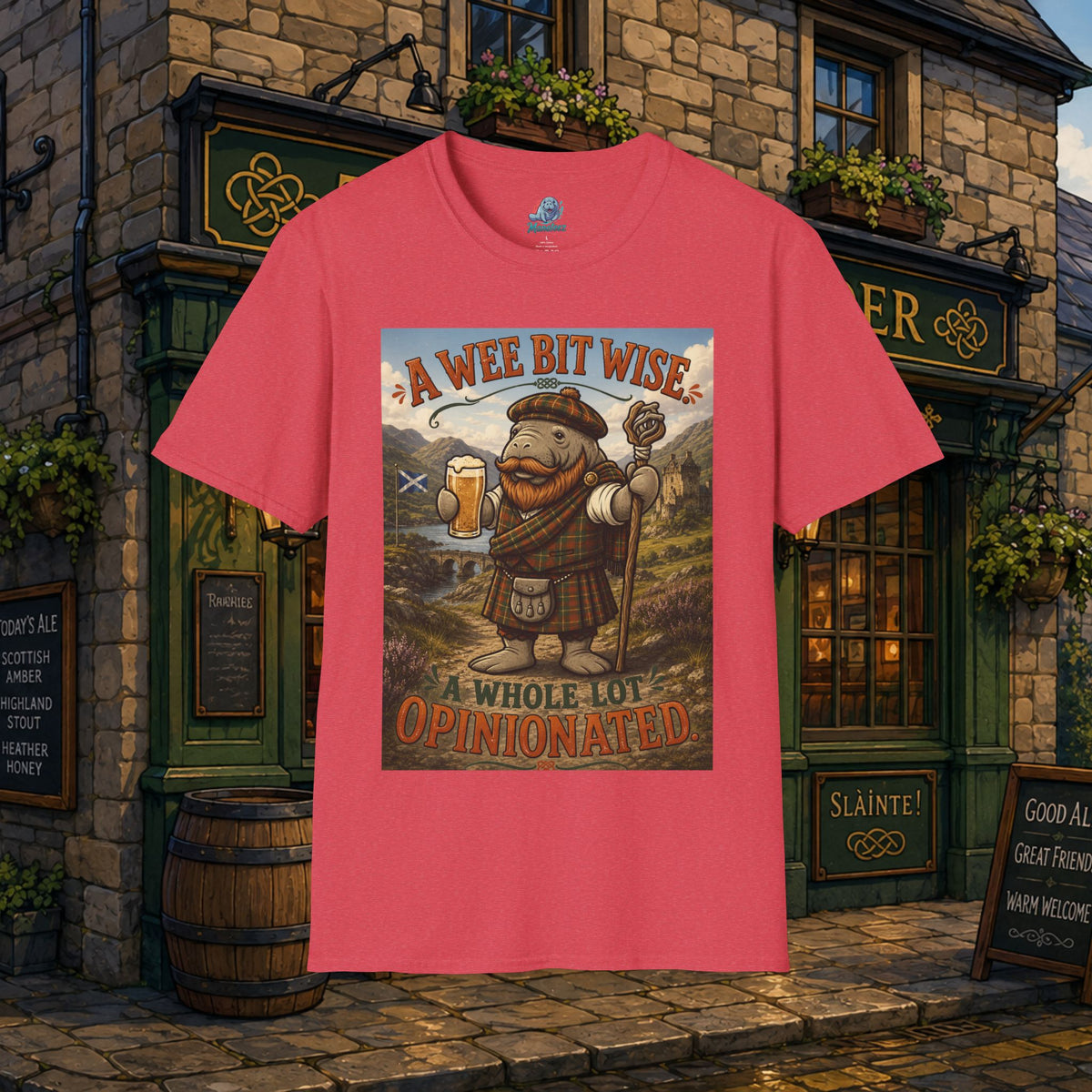 A Wee Bit Wise A Whole Lot Opinionated Shirt | Funny Scottish Manatee Tee | Highland Humor Graphic T-Shirt