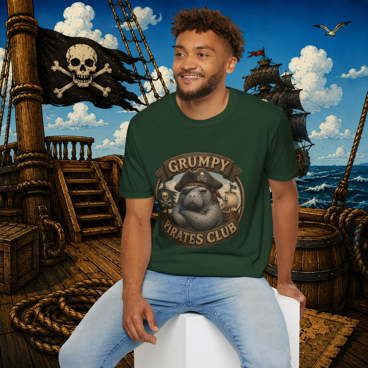 Grumpy Pirates Club Manatee T-Shirt | Funny Pirate Manatee Coastal Humor Tee