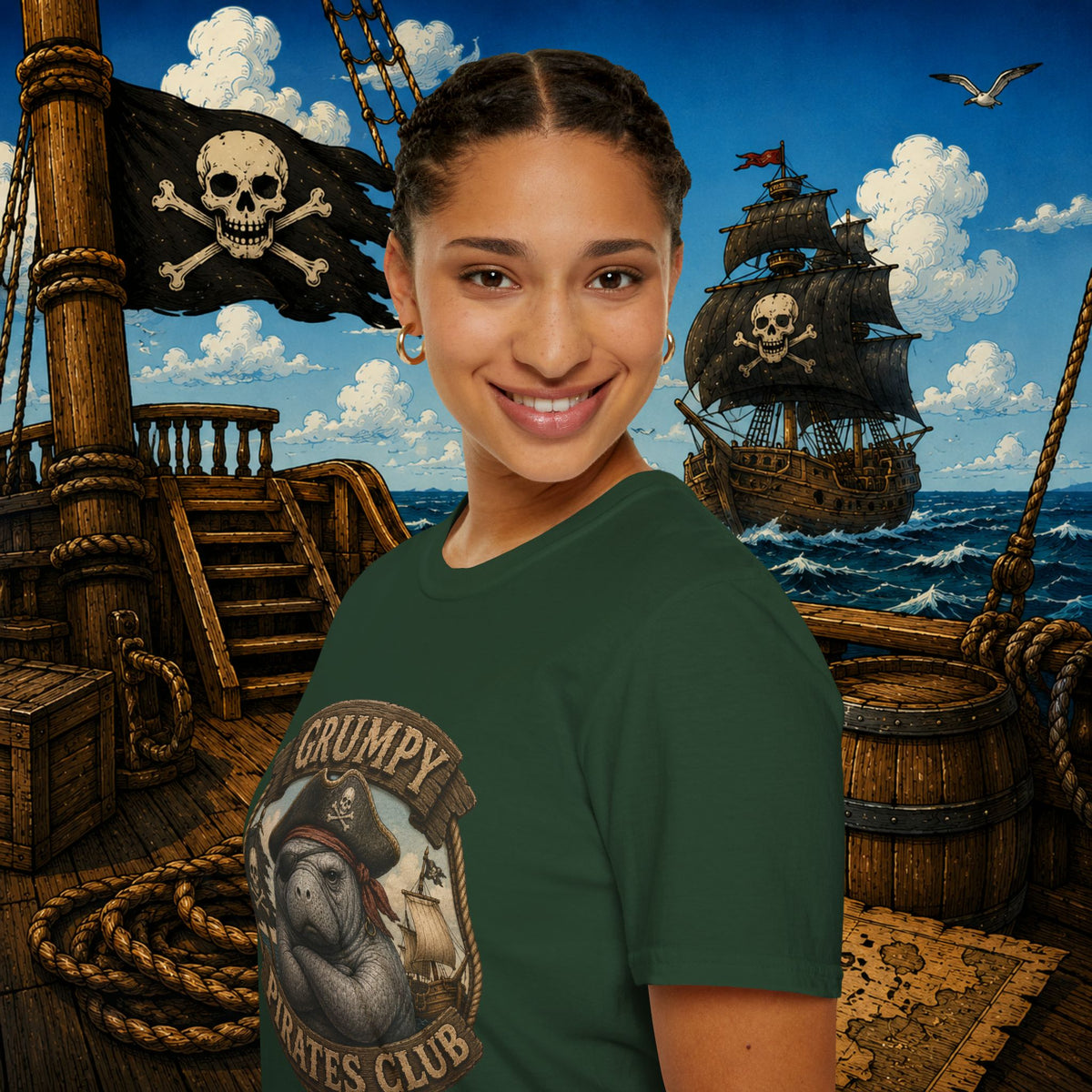 Grumpy Pirates Club Manatee T-Shirt | Funny Pirate Manatee Coastal Humor Tee