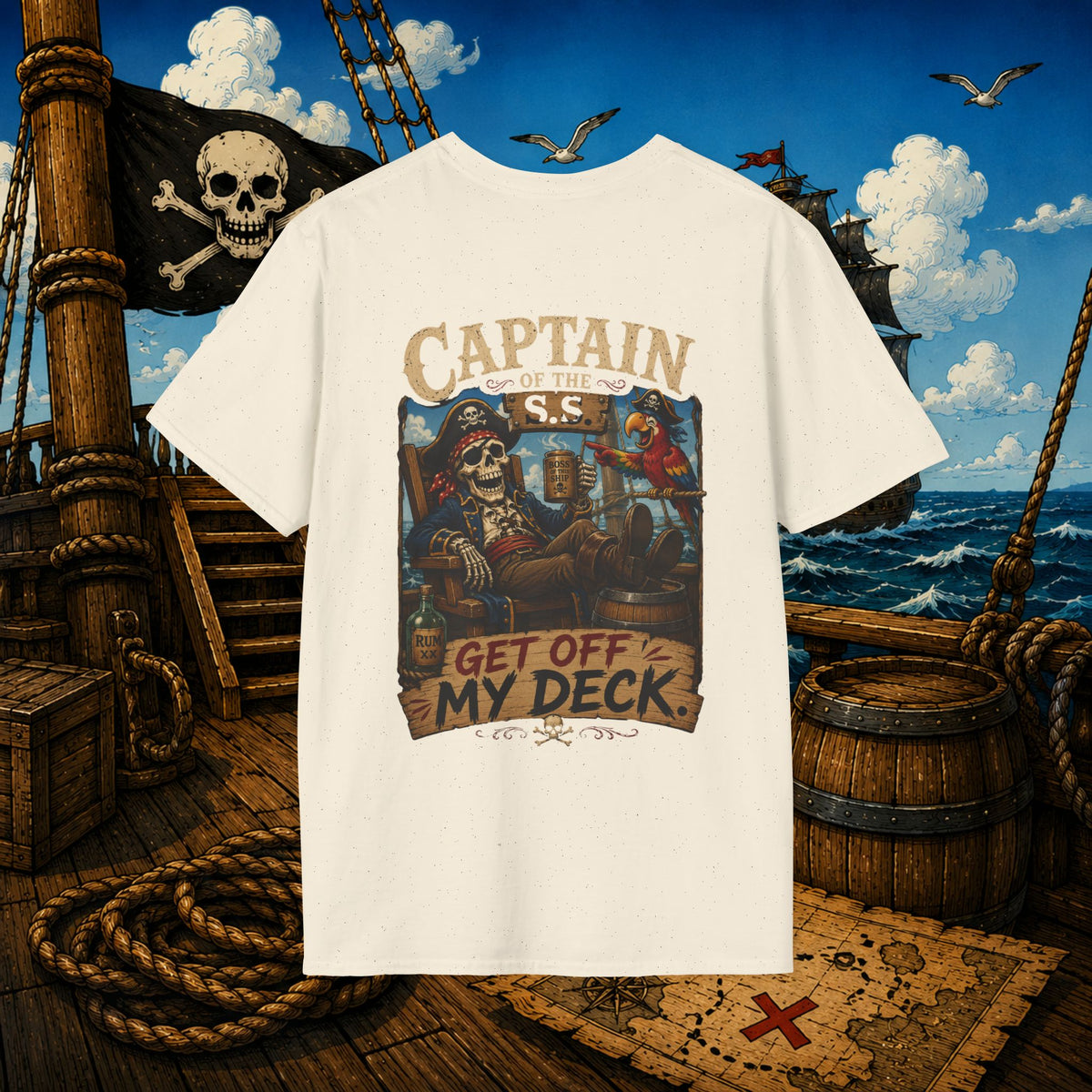 Captain of the S.S. Get Off My Deck Pirate Skeleton Shirt – Funny Grumpy Pirate Graphic Tee