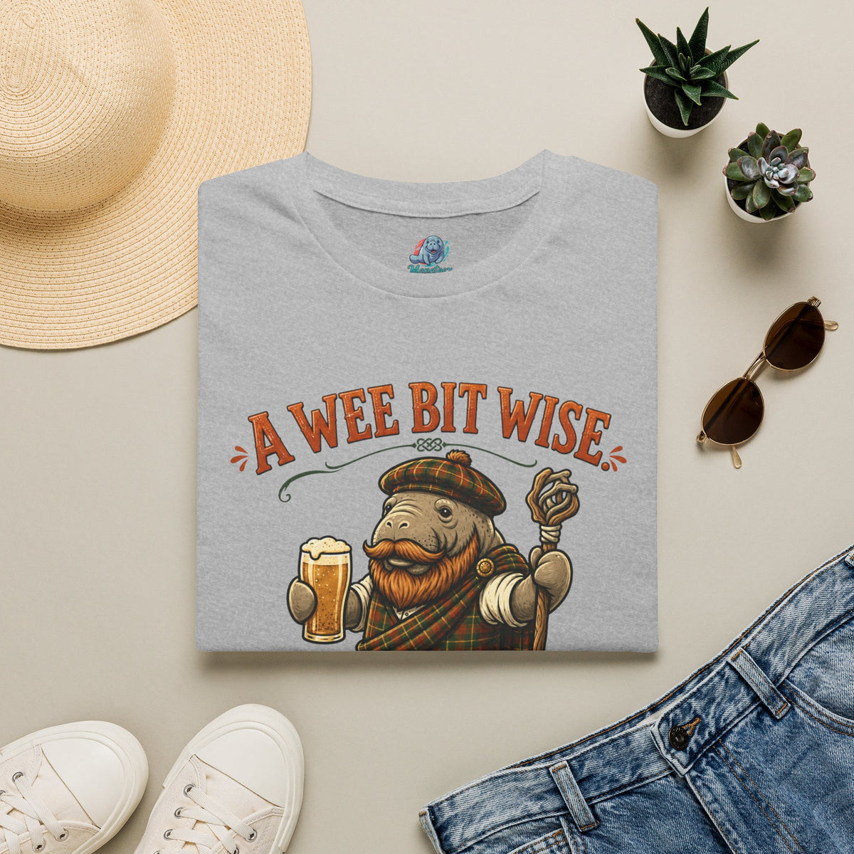 A Wee Bit Wise A Whole Lot Opinionated Shirt | Funny Scottish Manatee Tee | Highland Humor Graphic T-Shirt