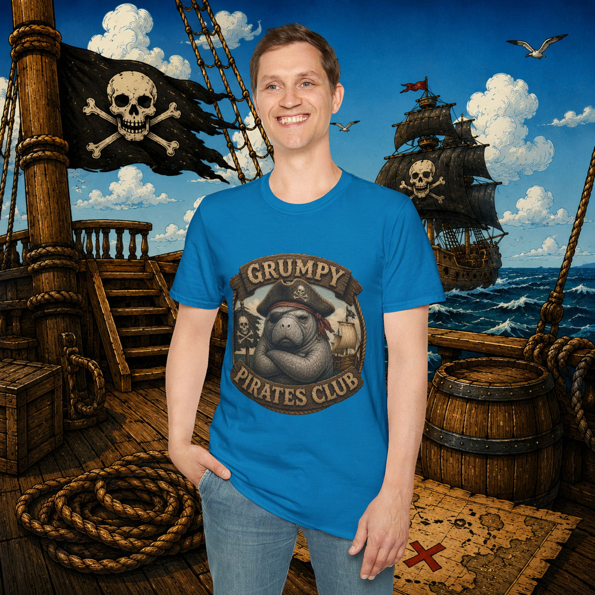 Grumpy Pirates Club Manatee T-Shirt | Funny Pirate Manatee Coastal Humor Tee