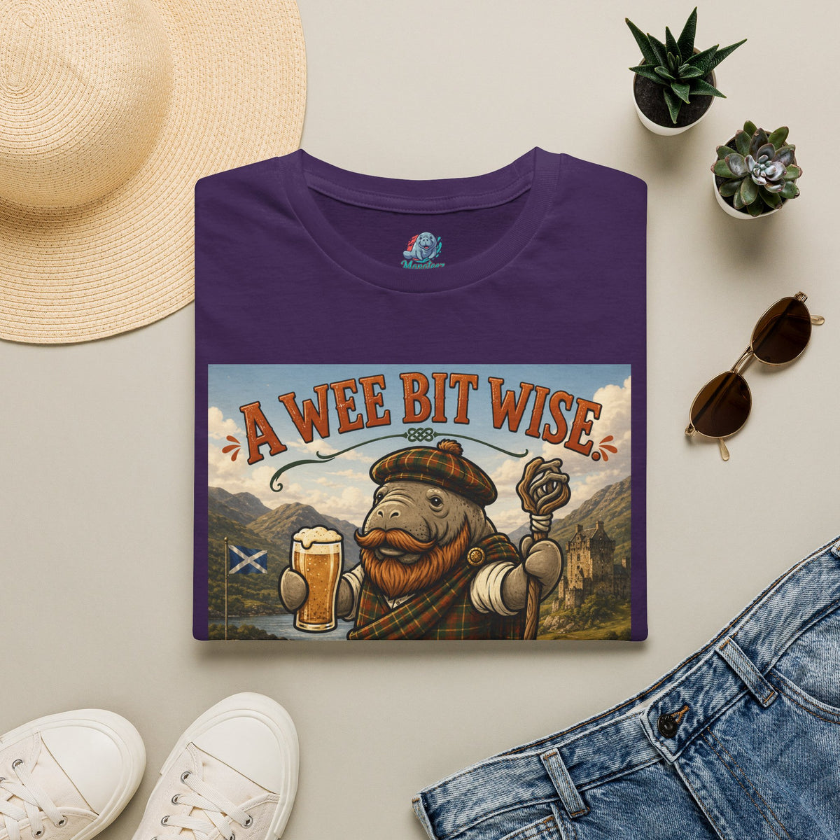 A Wee Bit Wise A Whole Lot Opinionated Shirt | Funny Scottish Manatee Tee | Highland Humor Graphic T-Shirt