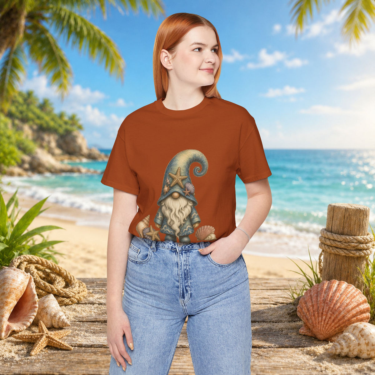 Beach Gnome with Seashells and Starfish | Coastal Nautical Fantasy Art