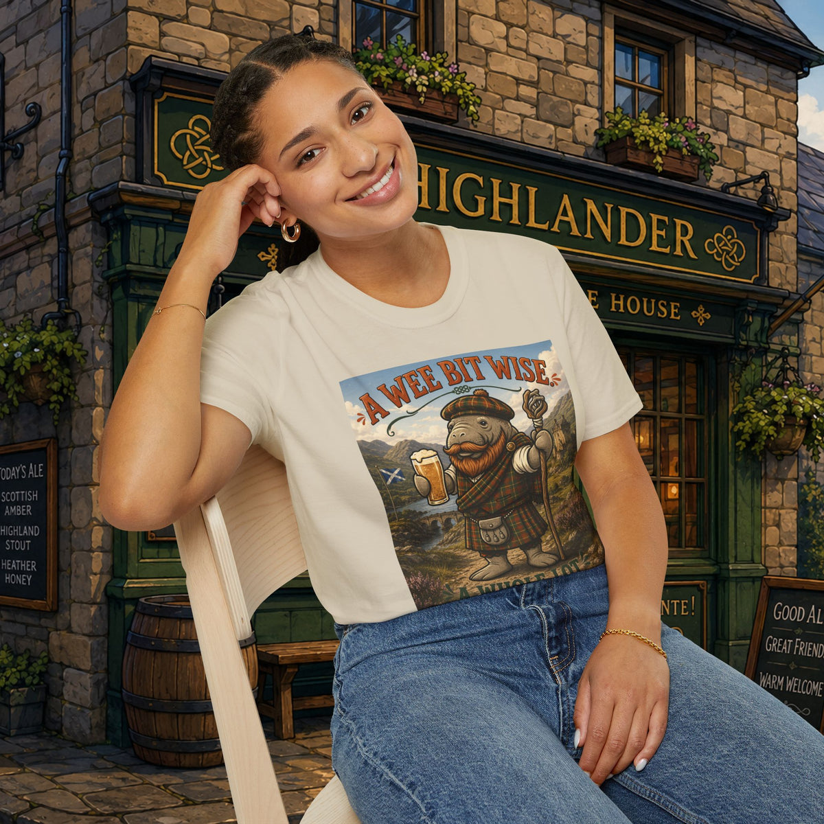A Wee Bit Wise A Whole Lot Opinionated Shirt | Funny Scottish Manatee Tee | Highland Humor Graphic T-Shirt